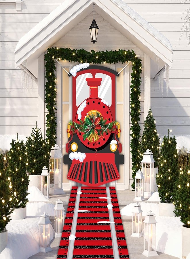 Oitnlaughter Christmas Train Door Cover Train Theme Birthday Party Decoration Polyester Xmas Hanging Banner Railroad Track Aisle Runner for Christmas Holiday Classroom Home Party Supplies Wall Backdrop Photo Prop - Image 4